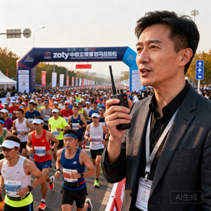 zoty中欧赛事策划总监周雅文手持对讲机在马拉松赛事起点指挥现场，身后是蓄势待发的万名跑者